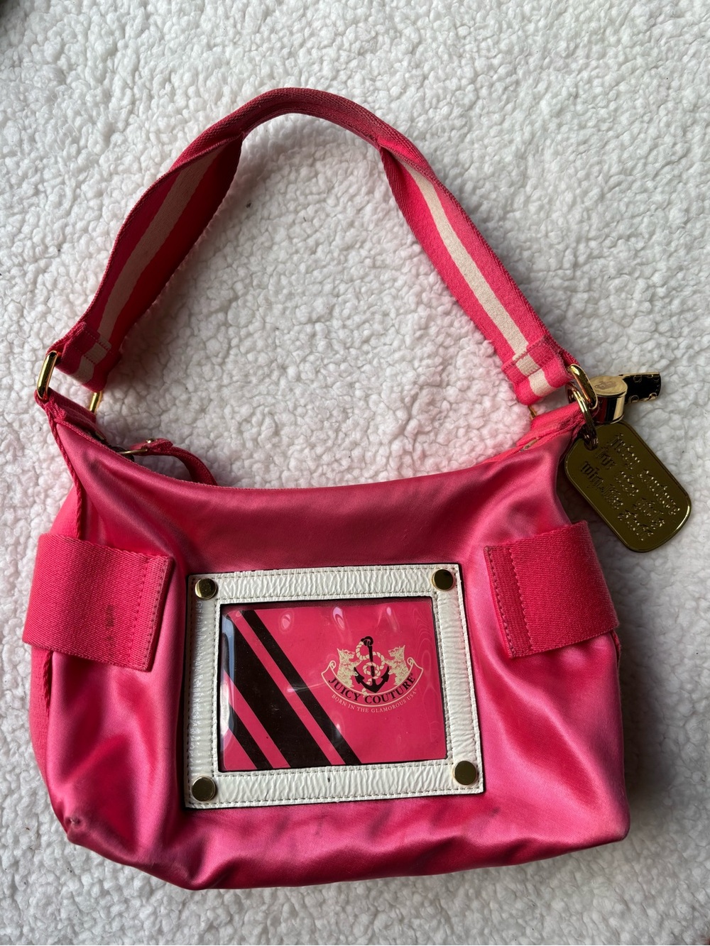 Juicy Couture Vintage Y2K Hot Pink Satin Shoulder Bag Whistle and Plate Charms - Picture 7 of 11